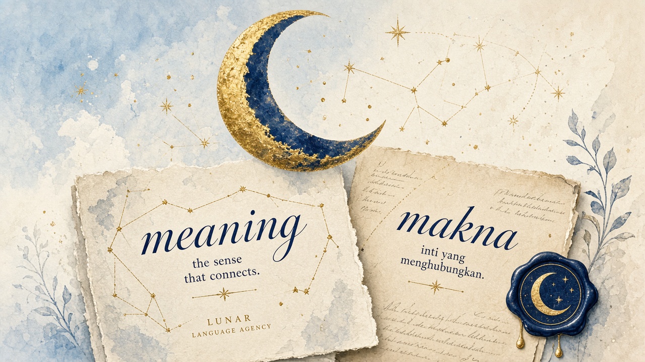 Ilustrasi orisinal Lunar: naskah dwibahasa di bawah bulan sabit