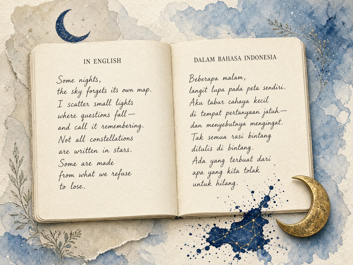 Ilustrasi orisinal Lunar: naskah Inggris dan Indonesia di buku catatan